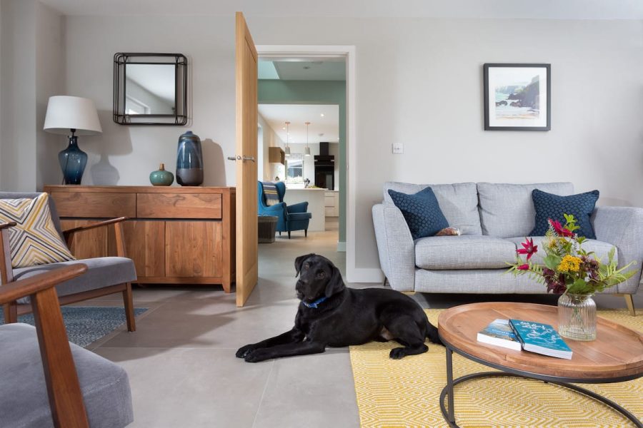 Dog friendly holiday home in Penrose, Cornwall, for an eco-friendly dog-friendly sustainable holiday this October half term. Living room with grey sofa and blue cushion, yellow rug and flowers on wooden coffee able and black labardor  dog lying on the floor. 