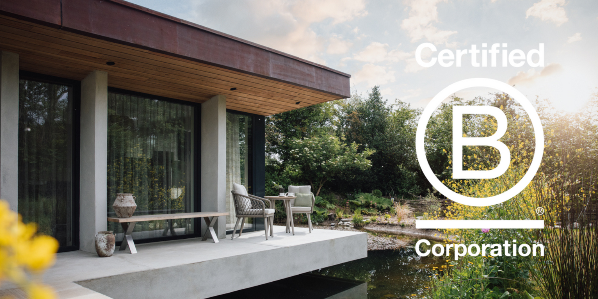 Cornish Gems B Corp logo over photo of pavillion surrounded by lush greenery over pond