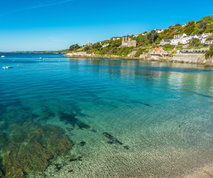 glassy, still turqouise waters coming up to beach, showing seabed for sands and rocks and seaweed to the left, hilled village of St Mawes on the right with white buildings and trees